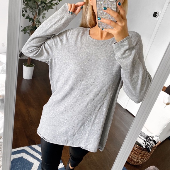 🐚 BONITA GREY SILVER RHINESTONE LONG SLEEVE KNIT TOP! - Picture 7 of 13